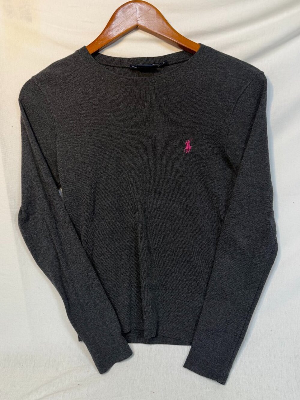 Ralph Lauren Sport Sweater Medium Gray Pink Pony Crewneck 100% Cotton Fall Top